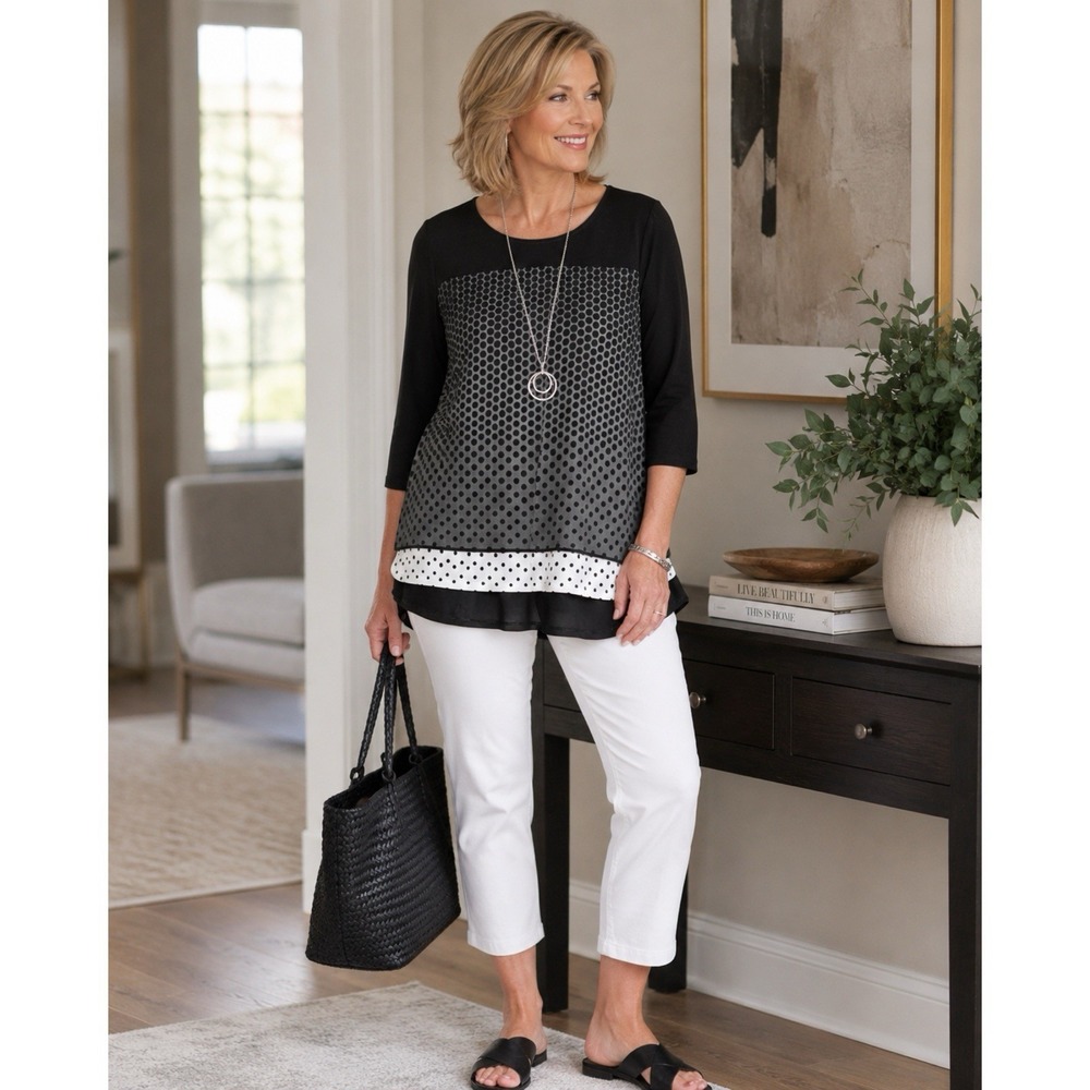 Chico's Size 3 Size XL Black Polka Dot Layered Tunic Top 3/4 Sleeve